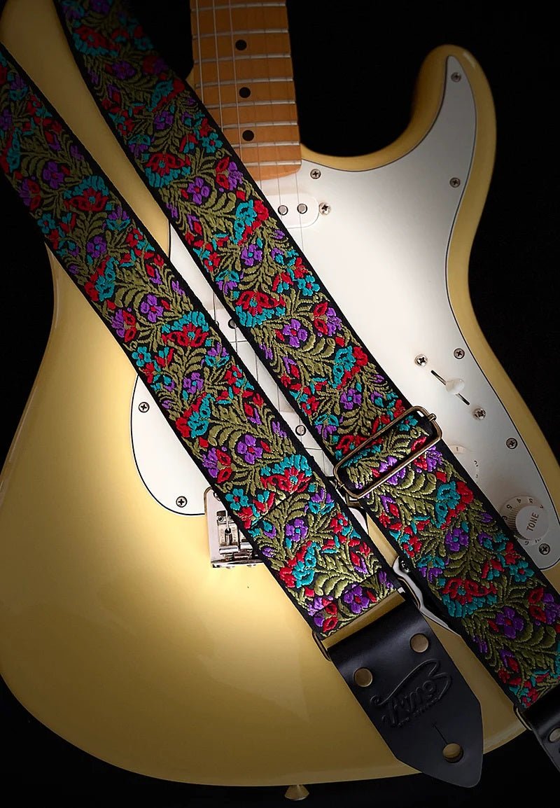 ATMOS WILDBLOOM GUITAR STRAP BLACK LEATHER - Music Planet New Zealand