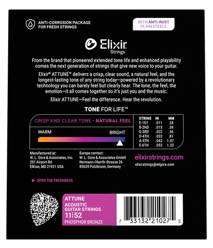 Elixir ATTUNE 11-52 Phosphor Bronze Acoustic Guitar Strings