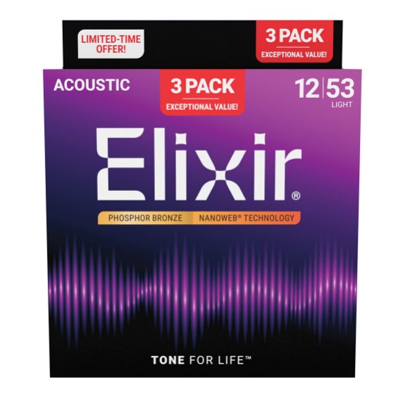 Elixir Phosphor Bronze 12–53 Acoustic Guitar Strings 3-Pack