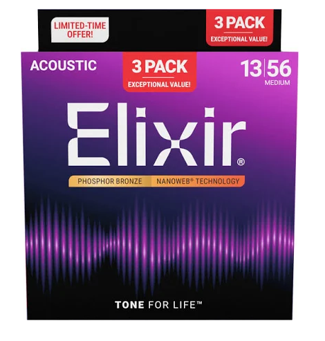 Elixir Phosphor Bronze 13–56 Acoustic Guitar Strings 3-Pack