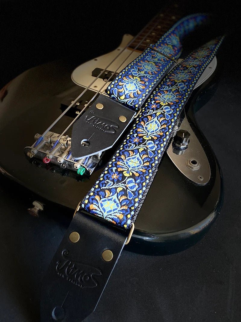 ATMOS THE TRIBUTE BLUE GUITAR STRAP BLACK LEATHER - Music Planet New Zealand