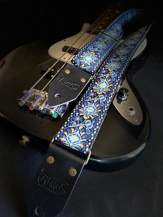 ATMOS THE TRIBUTE BLUE GUITAR STRAP BLACK LEATHER - Music Planet New Zealand
