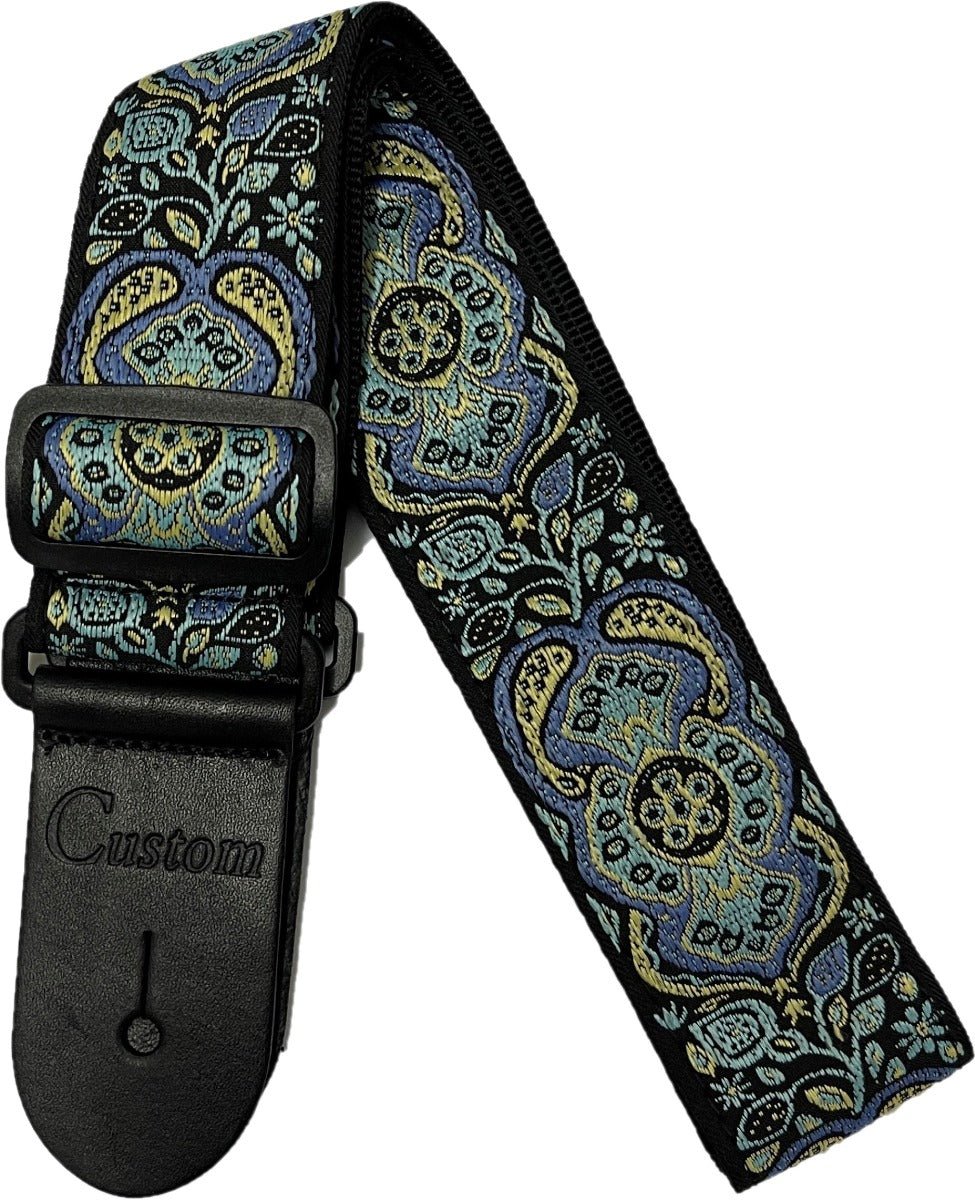 CUSTOM BLUE/GOLD FLORAL/PAISLEY WOVEN GUITAR STRAP - Music Planet New Zealand