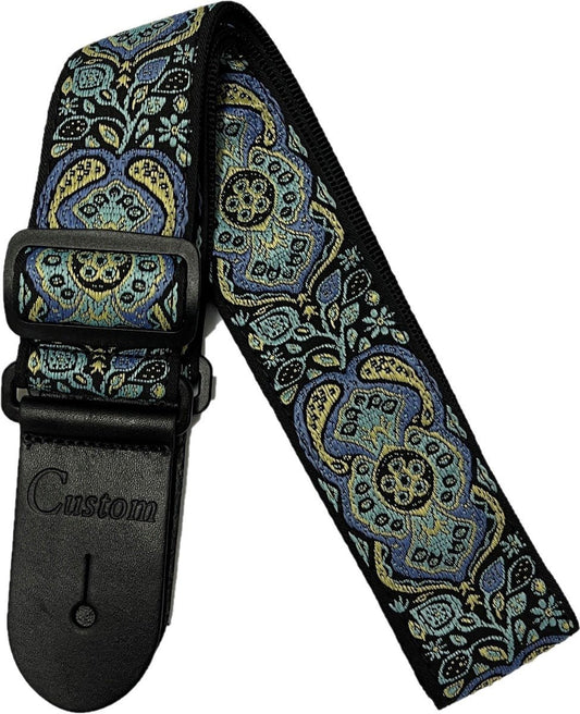 CUSTOM BLUE/GOLD FLORAL/PAISLEY WOVEN GUITAR STRAP - Music Planet New Zealand