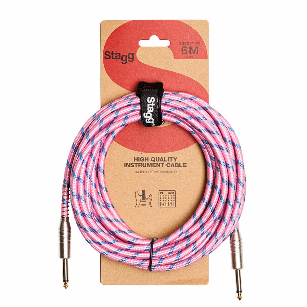 Stagg SGC6VT Vintage Tweed Instrument Cable 20ft - Pink - Music Planet New Zealand